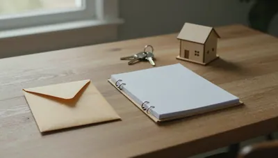 Desk with a sealed lump-sum envelope beside an open reusable binder and a small wooden house model, warm window light.