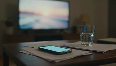 A glowing phone on a cluttered coffee table at night, its screen light spilling across papers, with a blurred TV glowing behind.