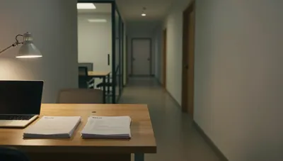 Warm-lit office corridor with a desk of paper resumes and a closed laptop in the foreground, empty glass meeting room beyond.