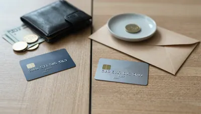 Two plain payment cards on a wooden table, one beside cash and a wallet, the other beside a sealed envelope and a coin.