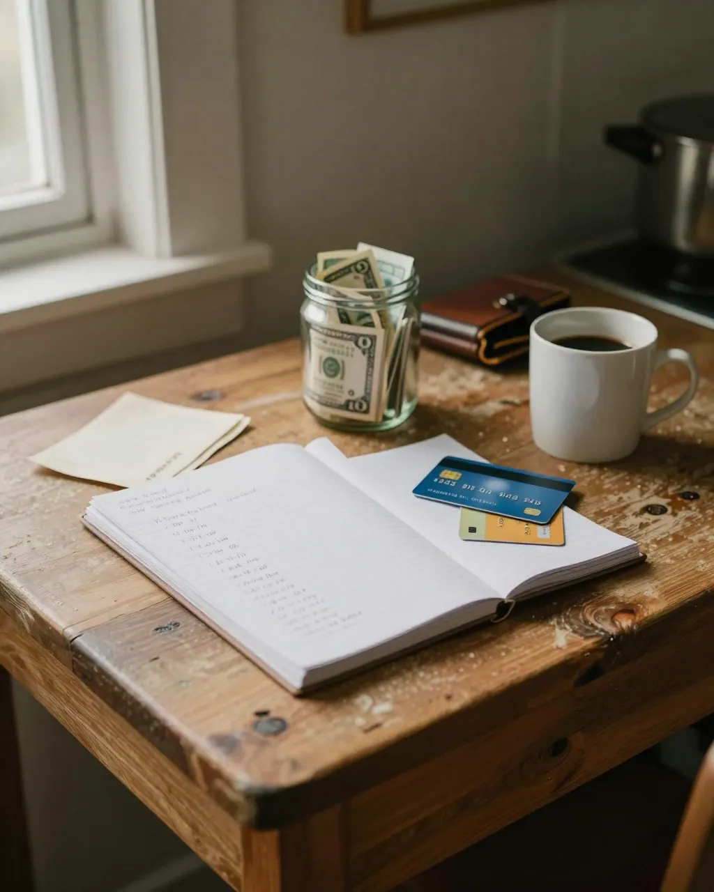 Kitchen table with paper bills, two cards, a notebook and a jar of cash in morning light.