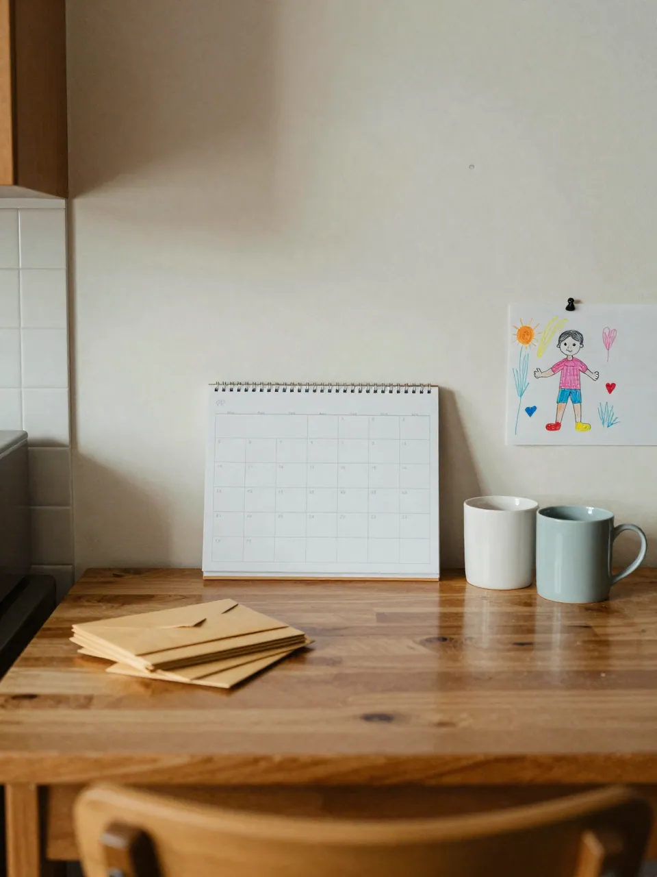 Family kitchen table with envelopes, a blank calendar, mugs and a child's drawing.