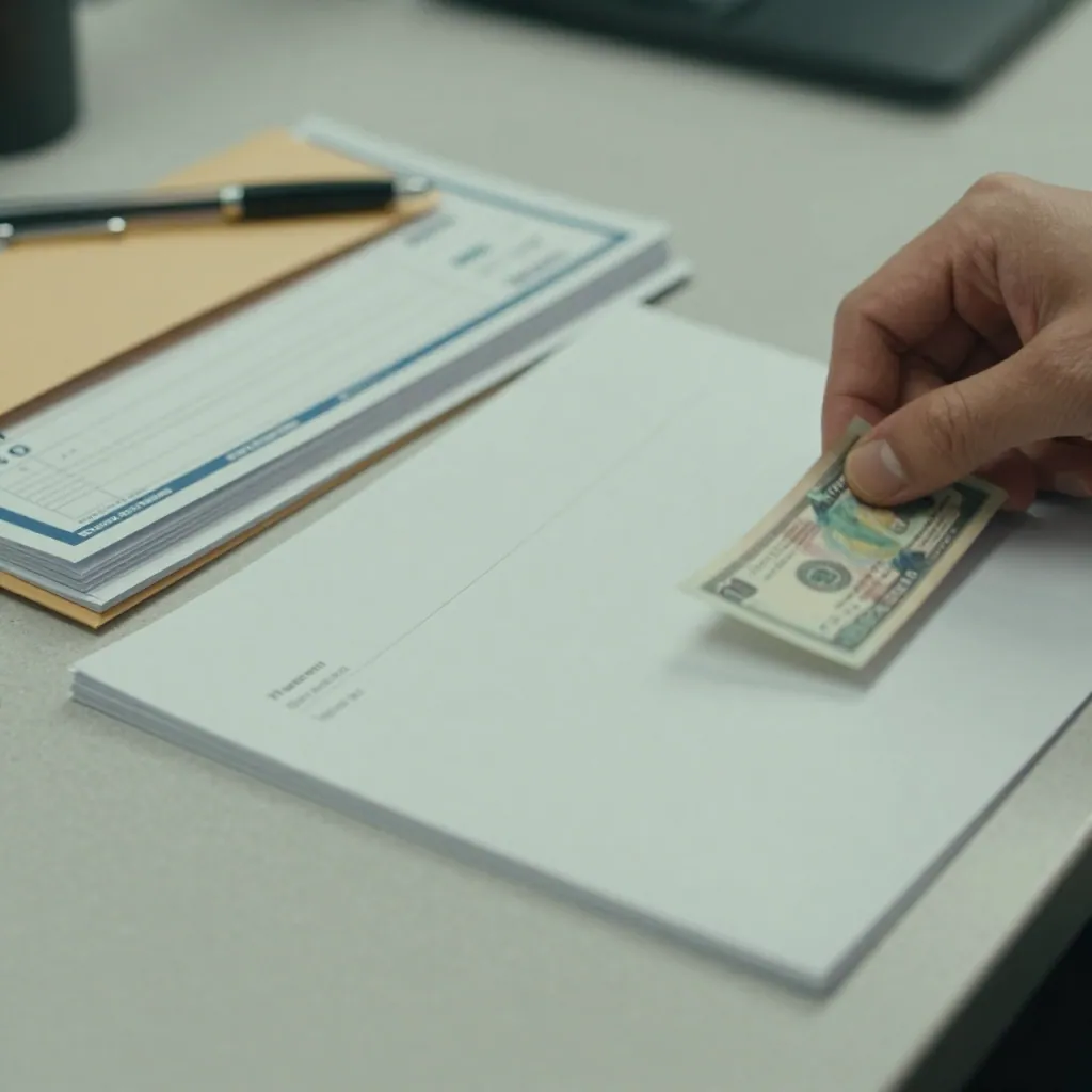 Close-up of hands stacking a paper bill beside a checkbook and bank envelope.
