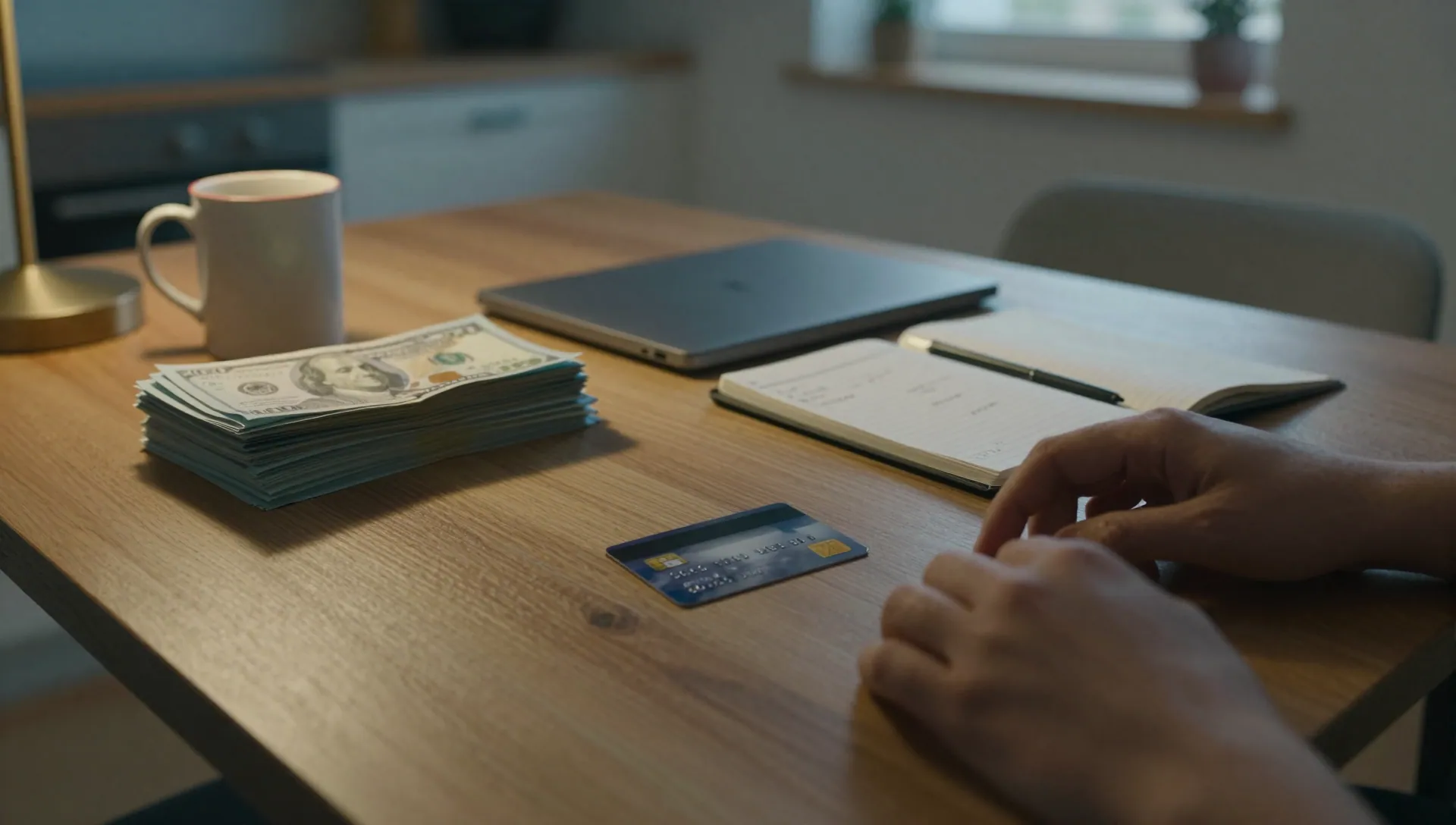 Kitchen table at night with paper bills, a credit card, a notebook of figures and a mug under warm lamp light.