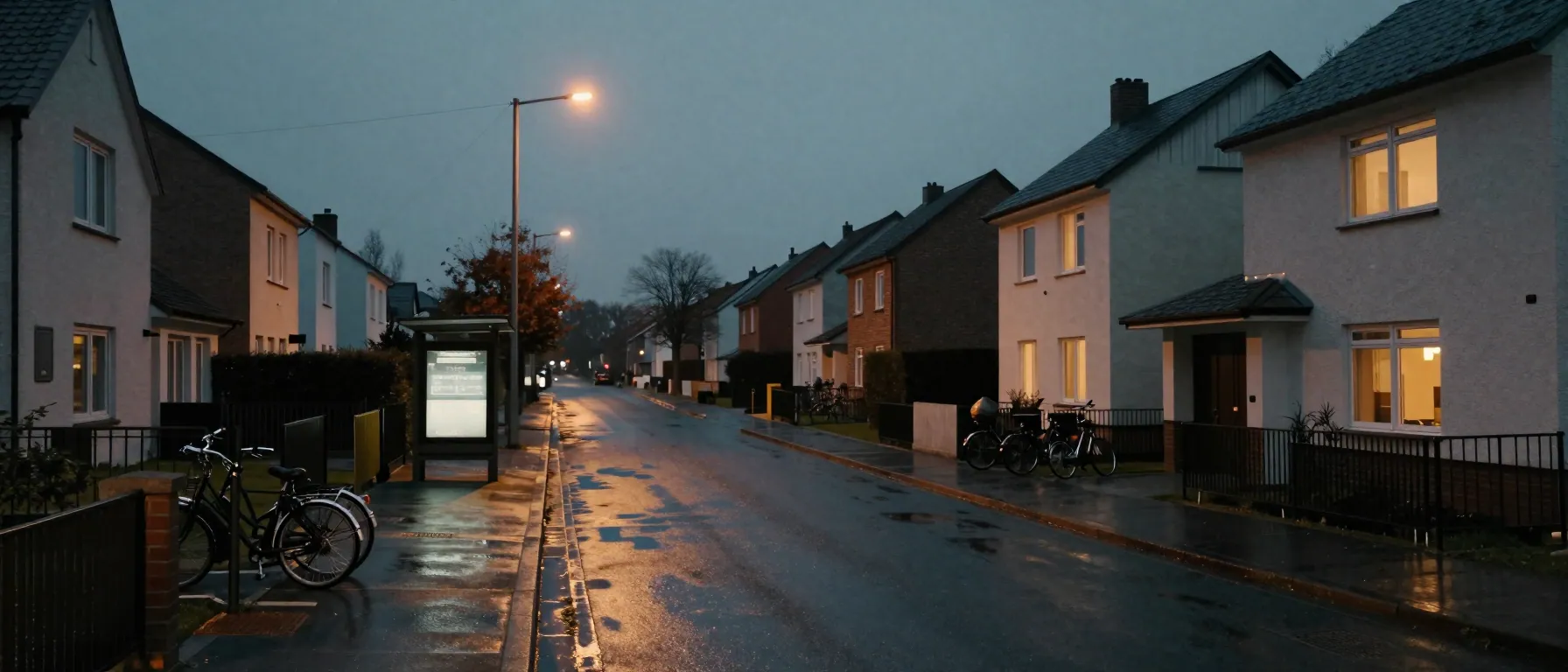 Wide dusk view of a residential street with lit windows, a bus stop and parked bicycles.