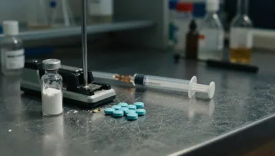 Unlabeled vial of white powder, counterfeit pills and a naloxone spray on a dim laboratory bench, lit from above.