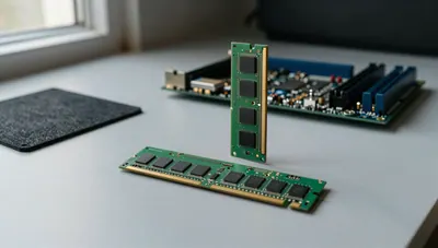 Two DDR4 memory modules on a workbench, one flat and one seated in a motherboard slot, lit by cool window light.