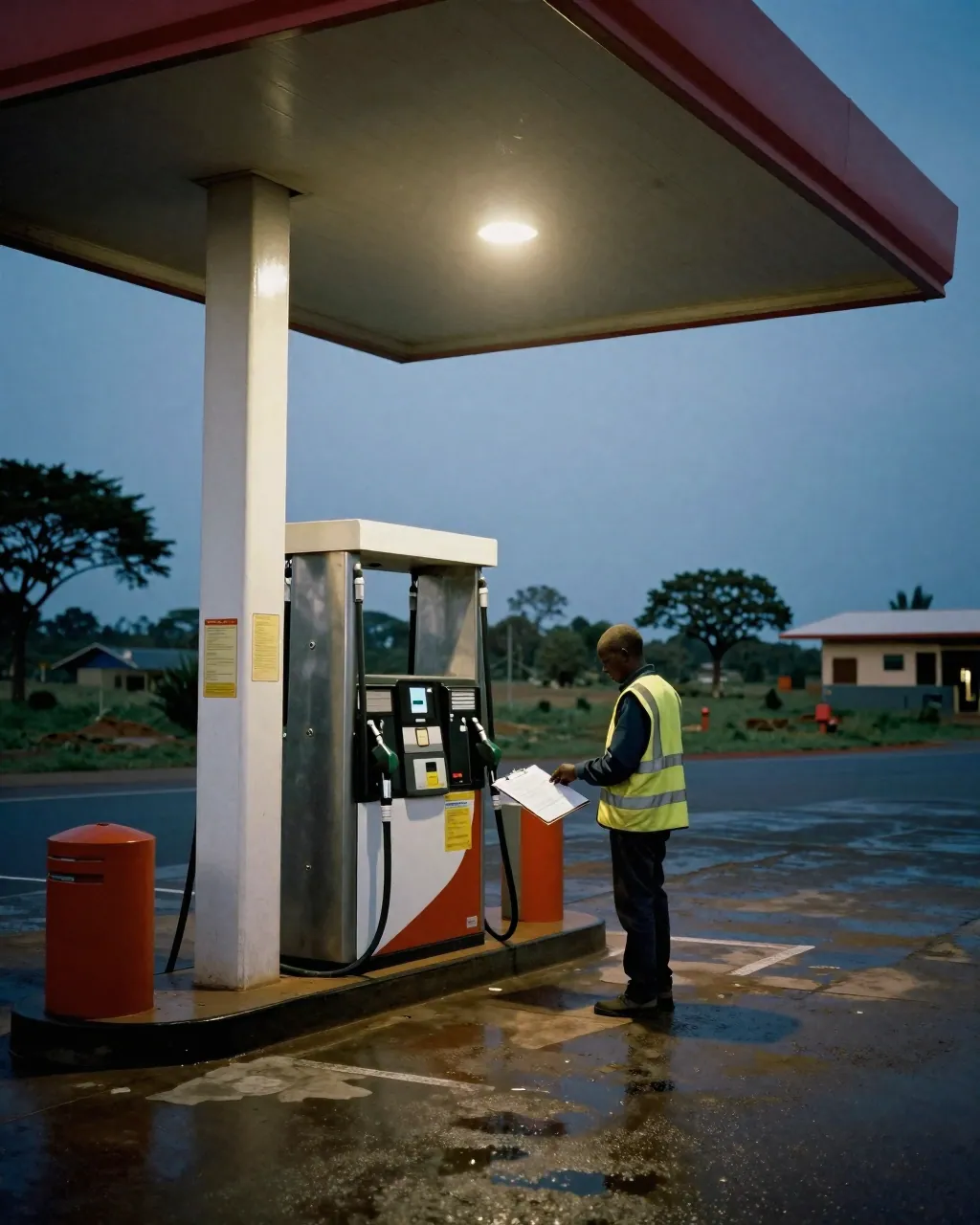 A single fuel pump at a roadside station at dusk, an attendant beside a counter with a printed sheet.