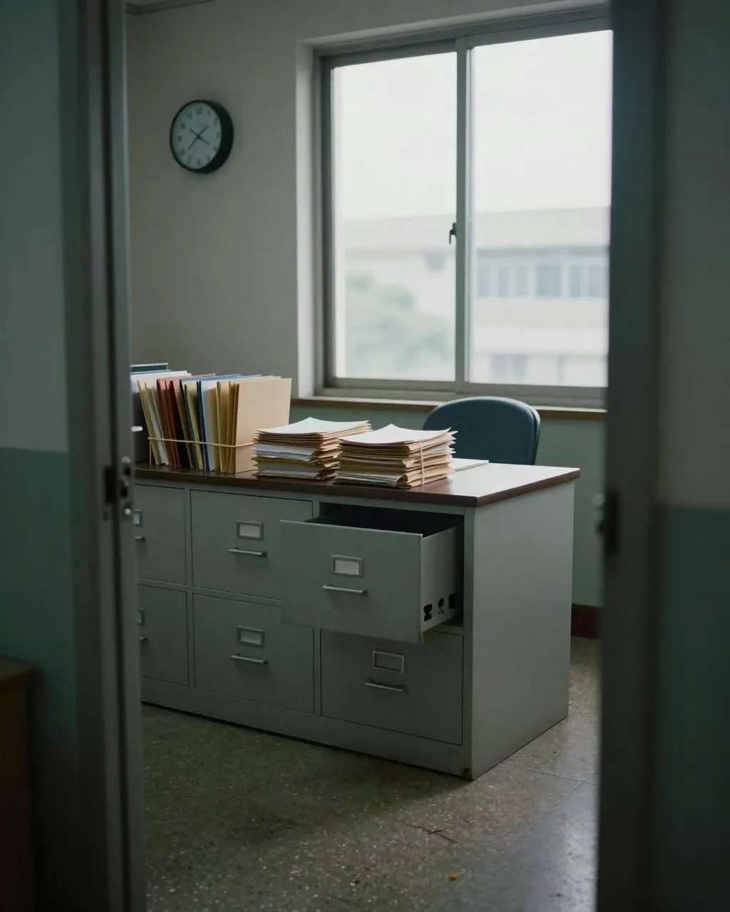 A modest office with an open filing cabinet, stacked paper folders and an empty chair.