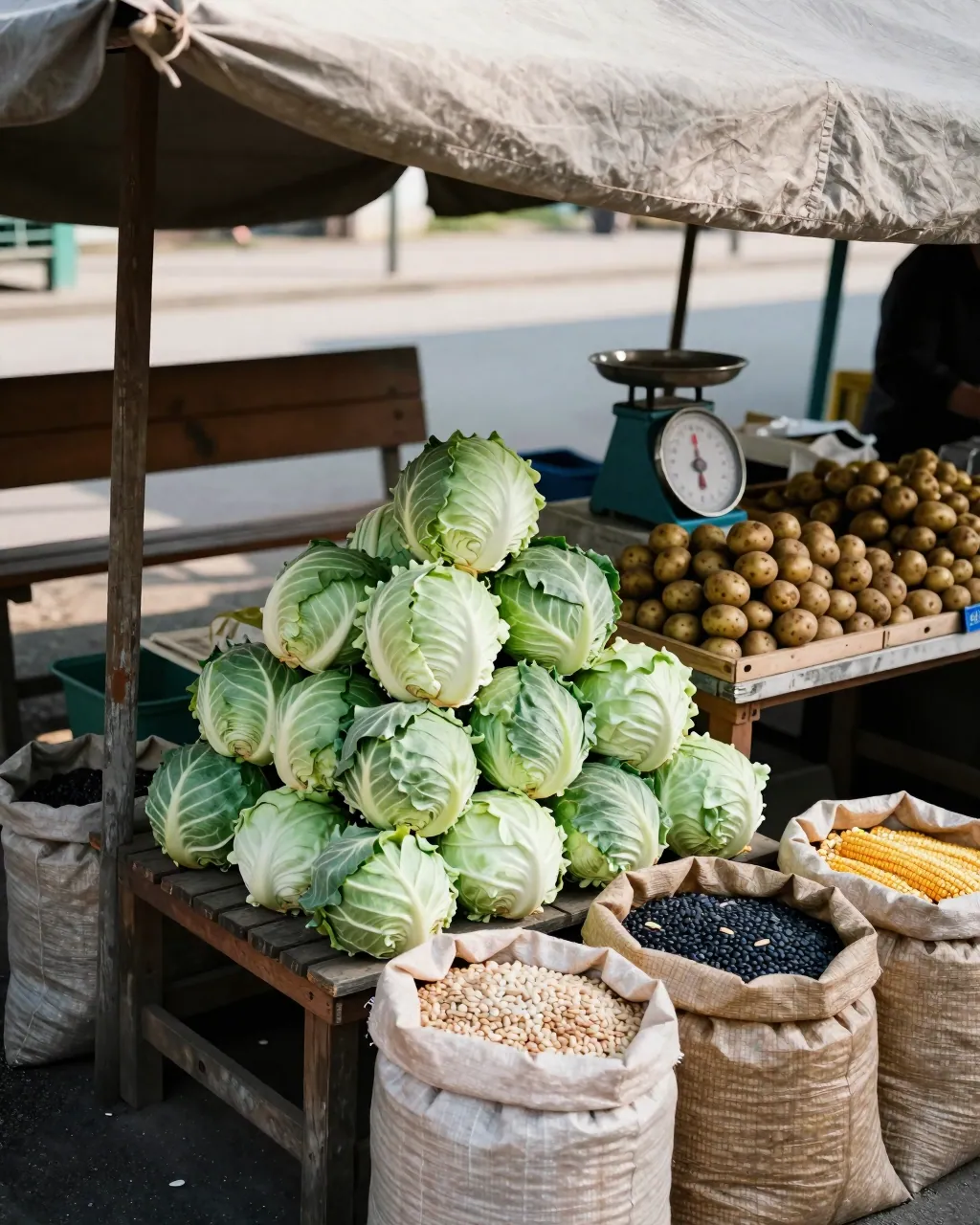 A market stall with stacked cabbages, a crate of potatoes and sacks of maize and beans.