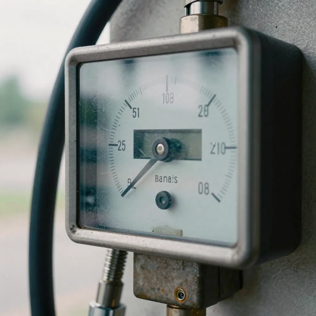 Close-up of a fuel pump's dials and digit counter behind scratched glass.