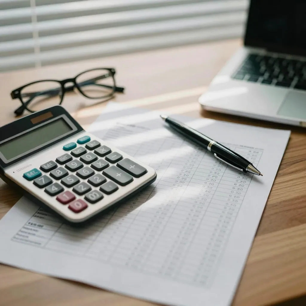 A desk with a calculator, a printed rate sheet and reading glasses in striped afternoon light.