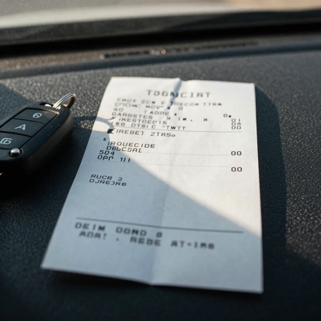 A curled printed fuel receipt and car keys on a dusty dashboard in afternoon sun.