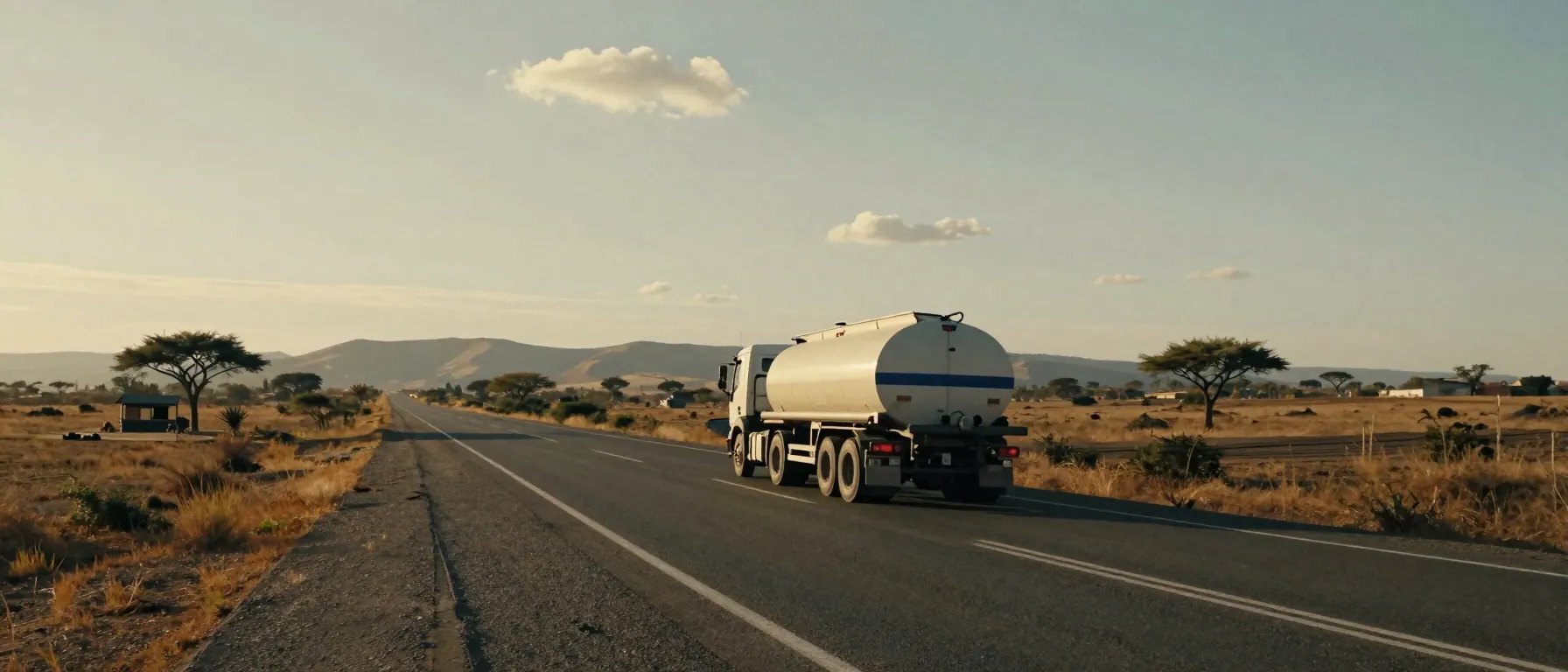 A fuel tanker on a highway crossing farmland at golden hour, hills on the horizon.
