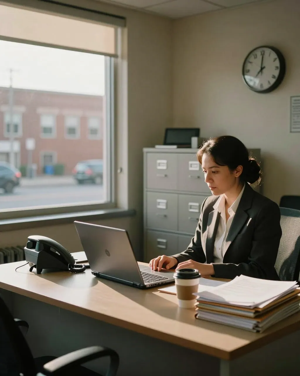 Quiet mortgage office desk with folders and phone in late-afternoon light, window showing a brick building outside.