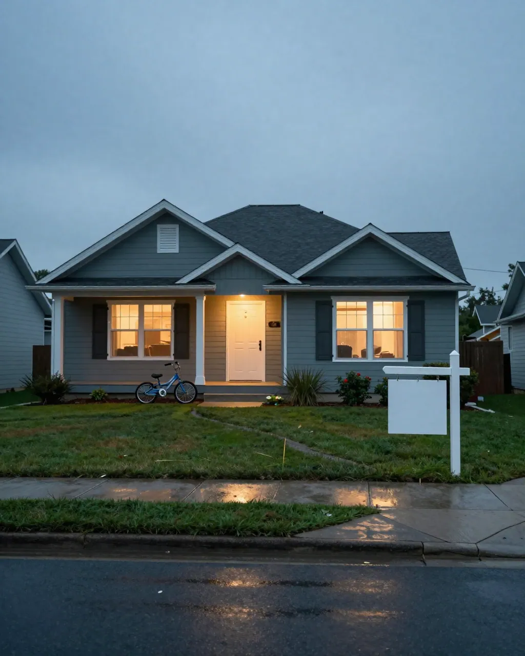 Suburban house at dusk with warm windows and a bicycle on the porch, seen from across the street.