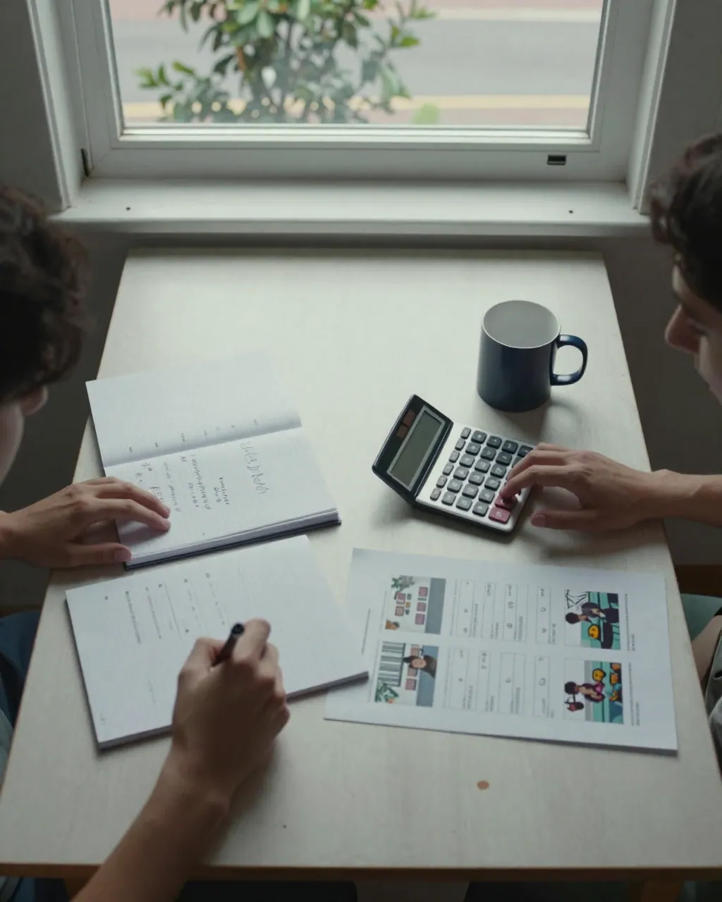 Overhead view of a kitchen table with notebook, calculator, mugs and listing printouts in daylight.