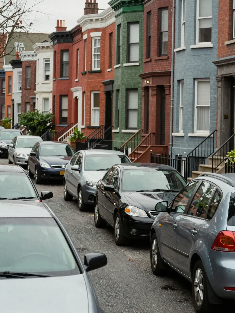 Dense city street of packed row houses and parked cars under flat grey light.