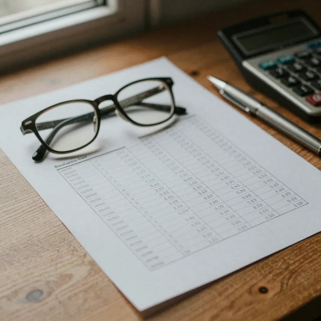 Close-up of glasses and pen on a printed yield table on a wooden desk in soft window light.