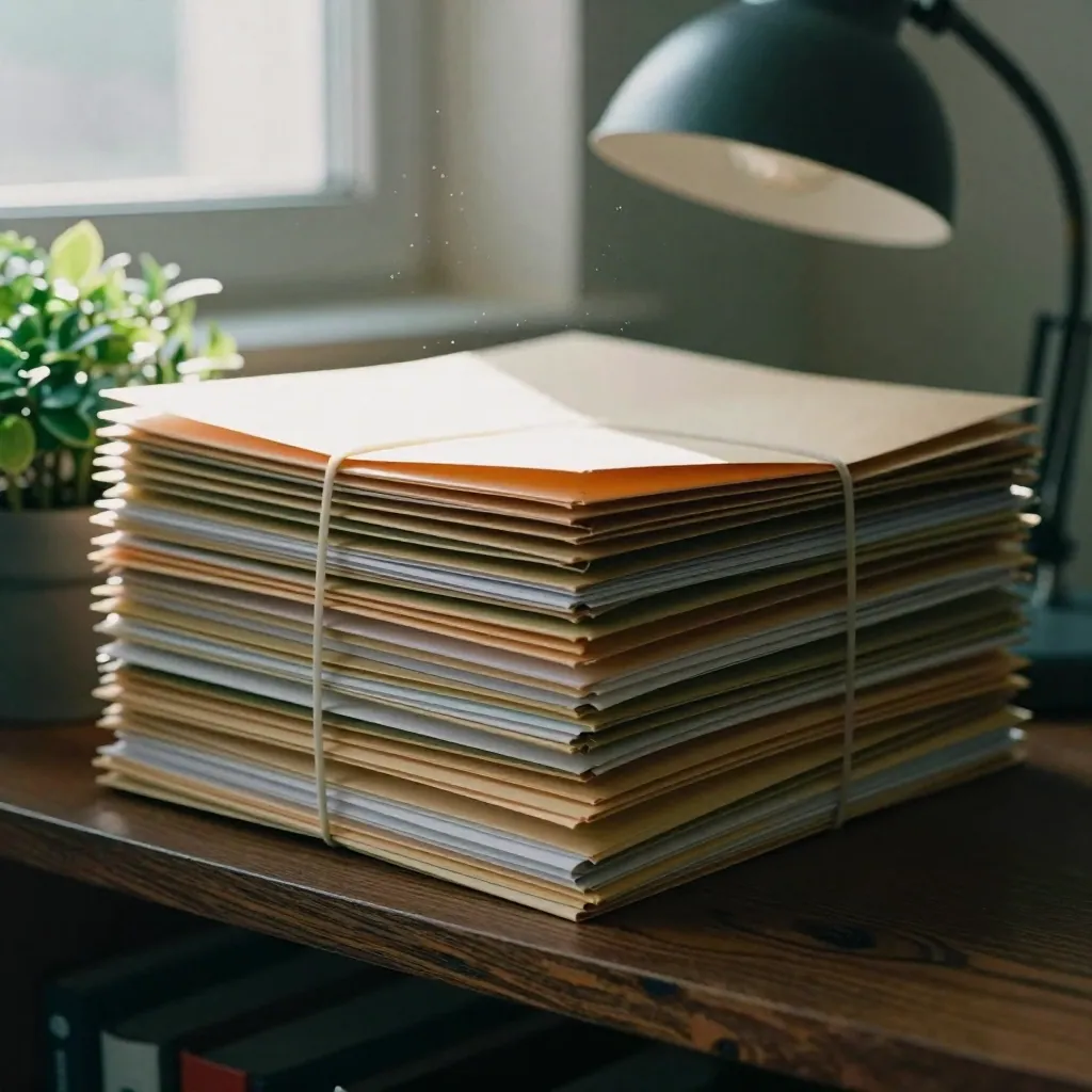 Stack of tied loan folders pushed to the back of a shelf beside a plant and lamp in morning light.