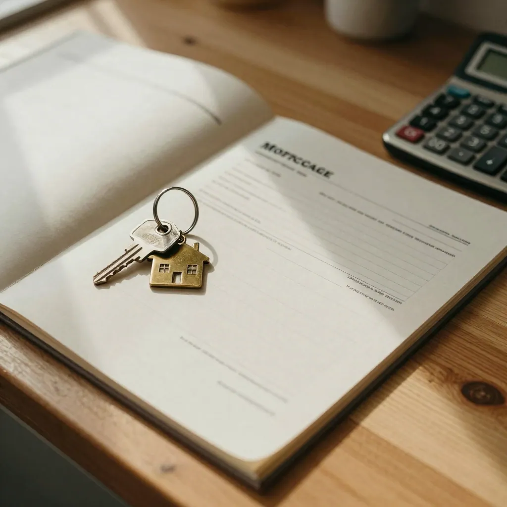 Close-up of a house key and keychain on an open mortgage folder on a kitchen table in morning light.