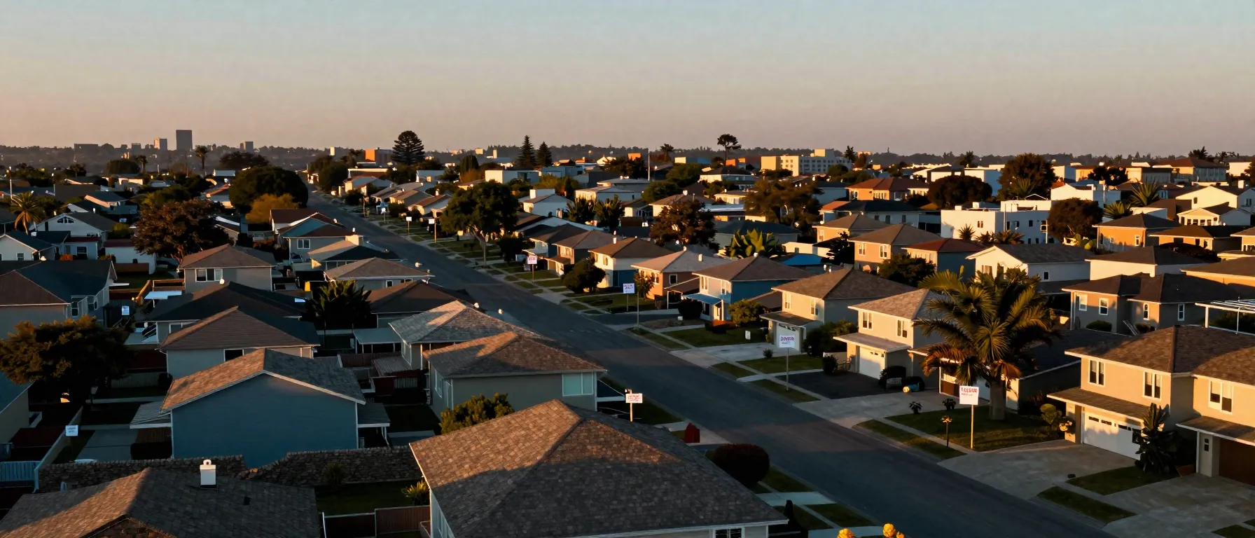 Wide golden-hour view over a residential neighborhood toward a distant skyline, long shadows on rooftops.