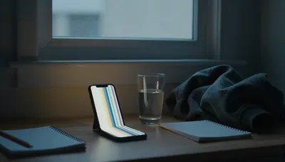 Dim bedroom desk at dusk with a glowing phone showing a narrowing stream of abstract colored tiles, cool window light and warm screen glow.