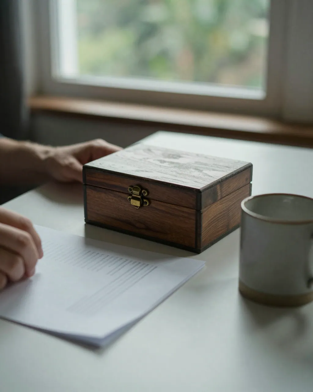 A locked wooden box on a table beside a document and mug, suggesting savings held until a later date.
