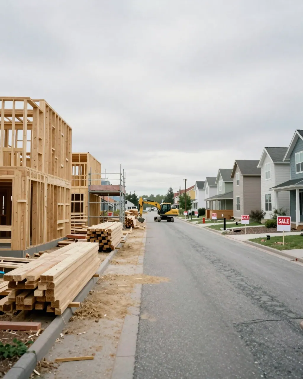 A street with new timber house frames under construction beside finished homes.