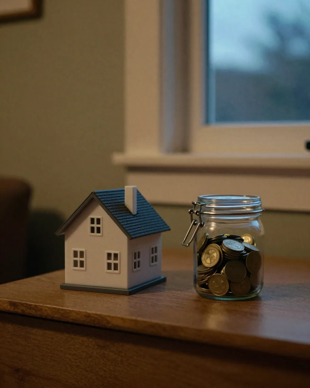 A model house and a jar of coins side by side on a sideboard in evening light.