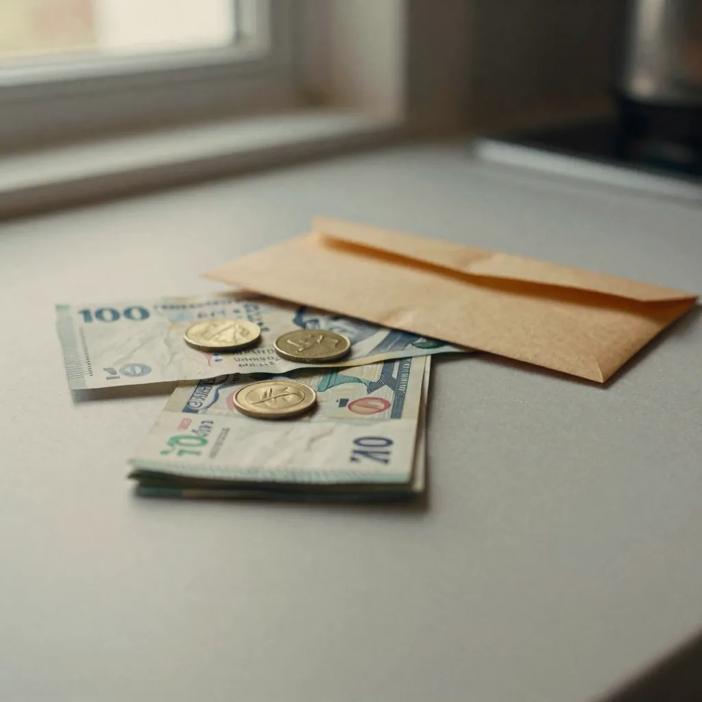 Close-up of a modest stack of banknotes and coins on a table beside an envelope.