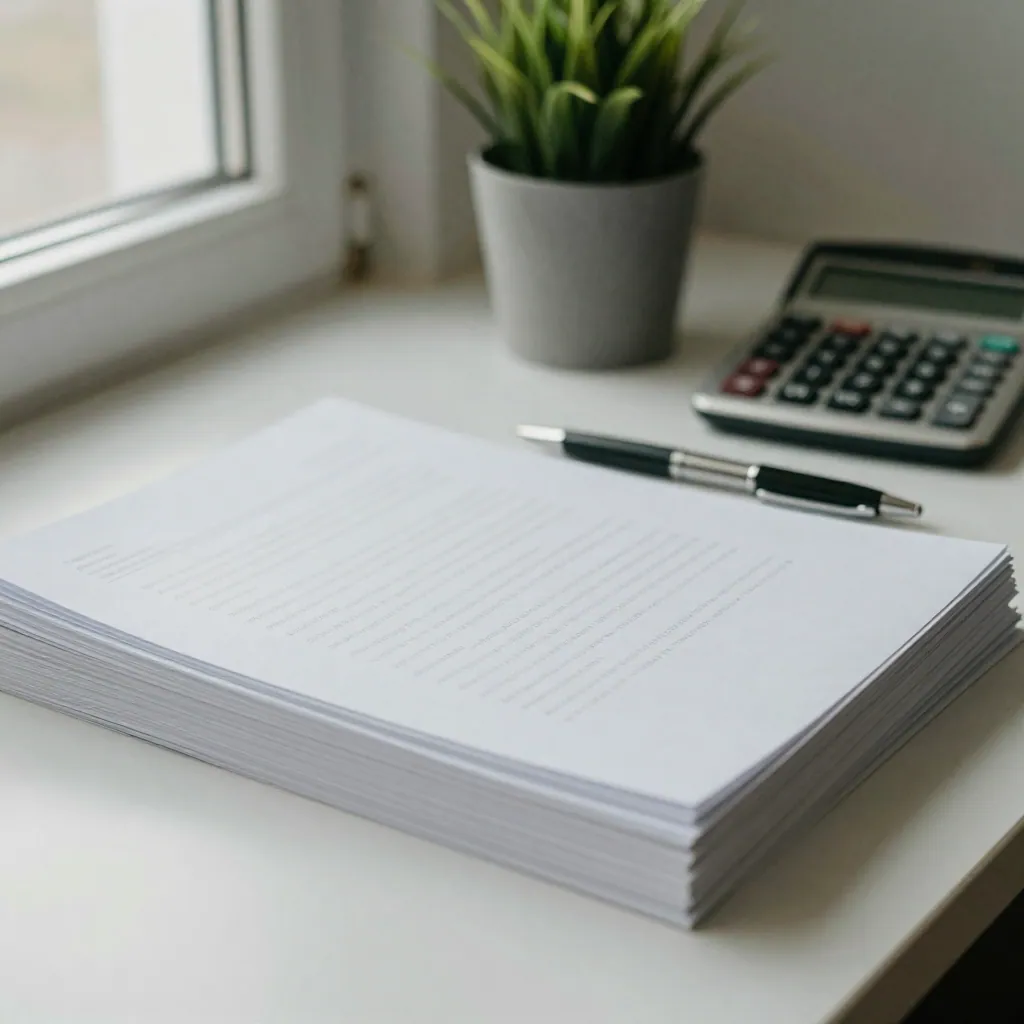 Close-up of plain forms, a pen and a calculator arranged neatly on a desk.