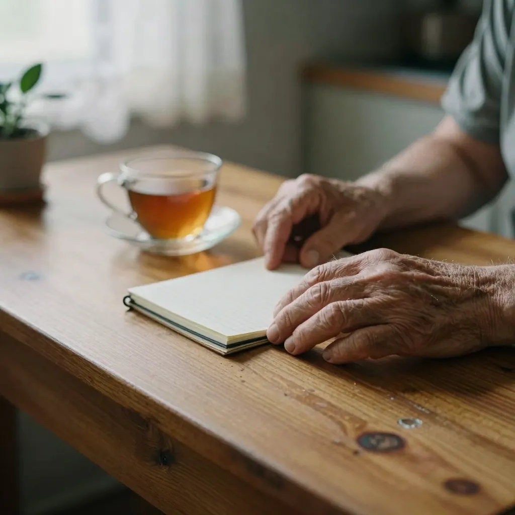Close-up of hands on a kitchen table beside a teacup and notebook in soft light.