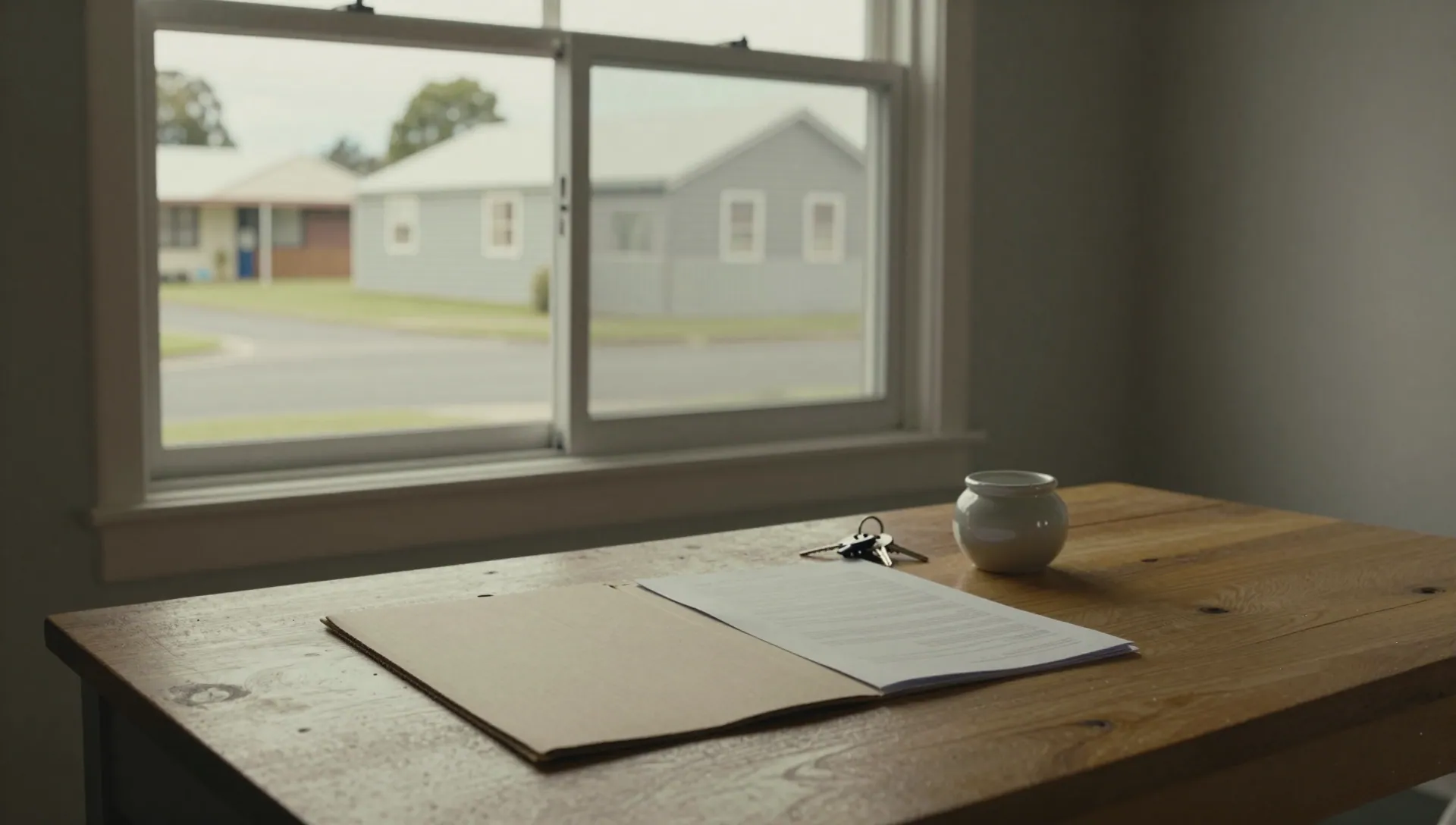 Kitchen table with house keys, papers and a savings jar, looking out a window to a suburban street.
