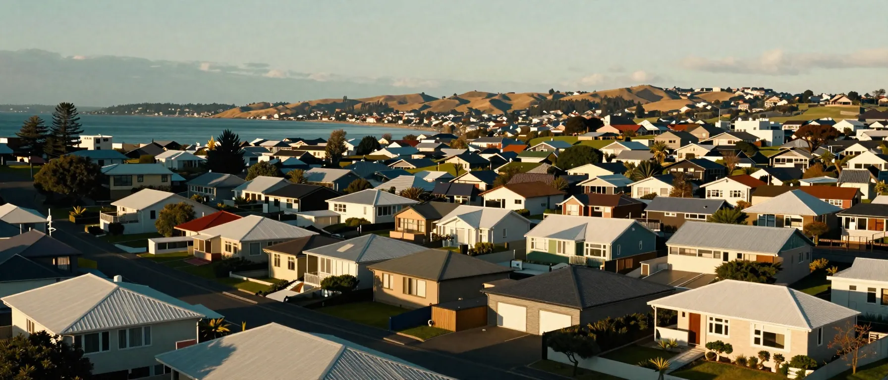 Wide view of a New Zealand hillside suburb of weatherboard houses at golden hour.