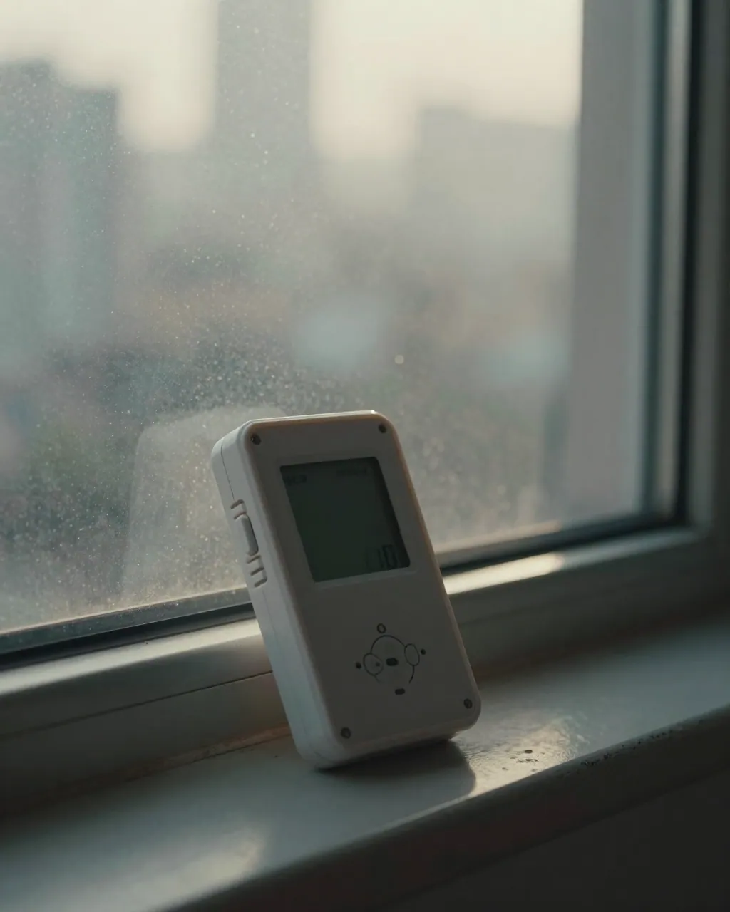 A handheld air monitor on a windowsill with drifting dust motes and a hazy city behind.