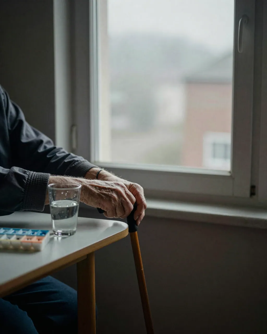 Aged hands on a walking stick by a window, pill organizer nearby, hazy buildings outside.