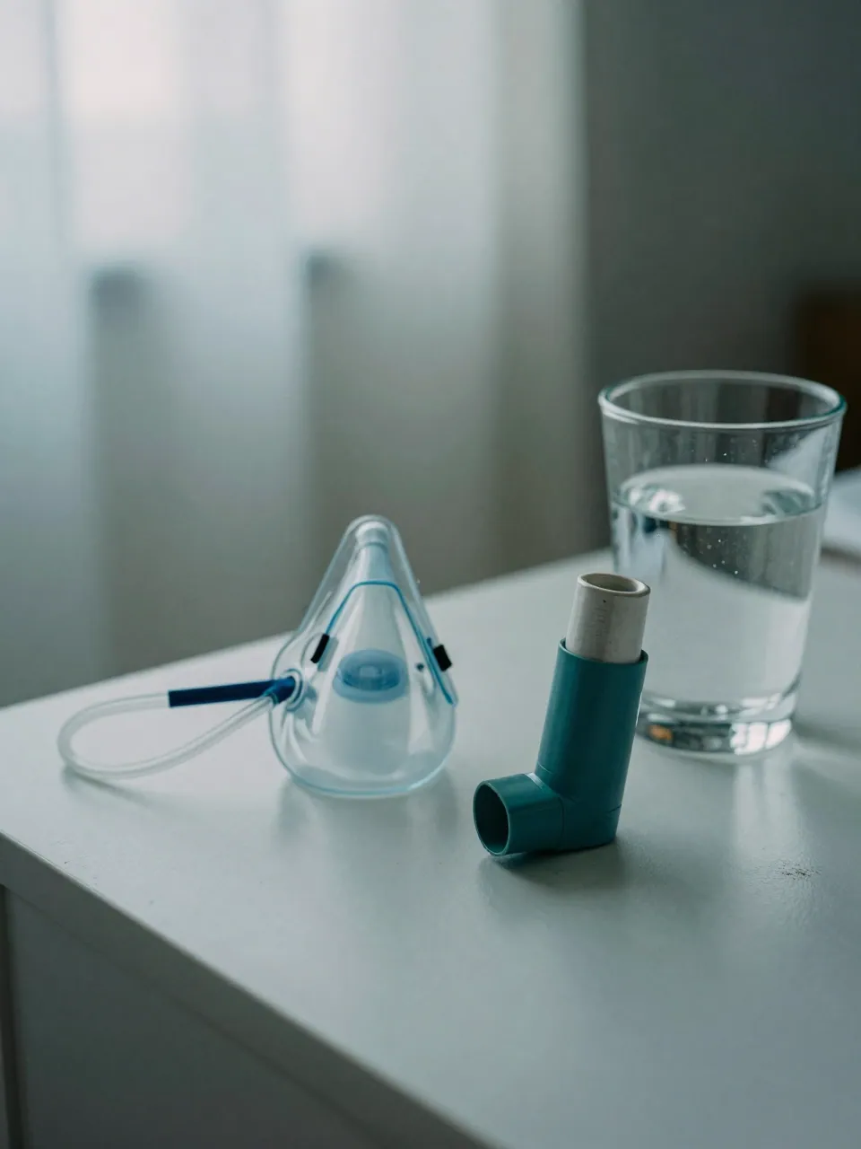 An inhaler and nebulizer mask on a bedside table in soft morning light.