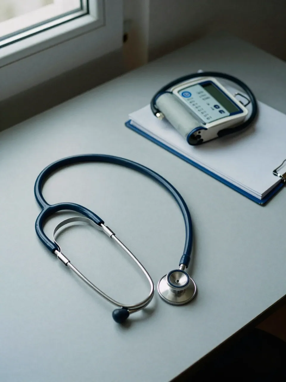 A stethoscope and blood pressure cuff on a desk in cool daylight.