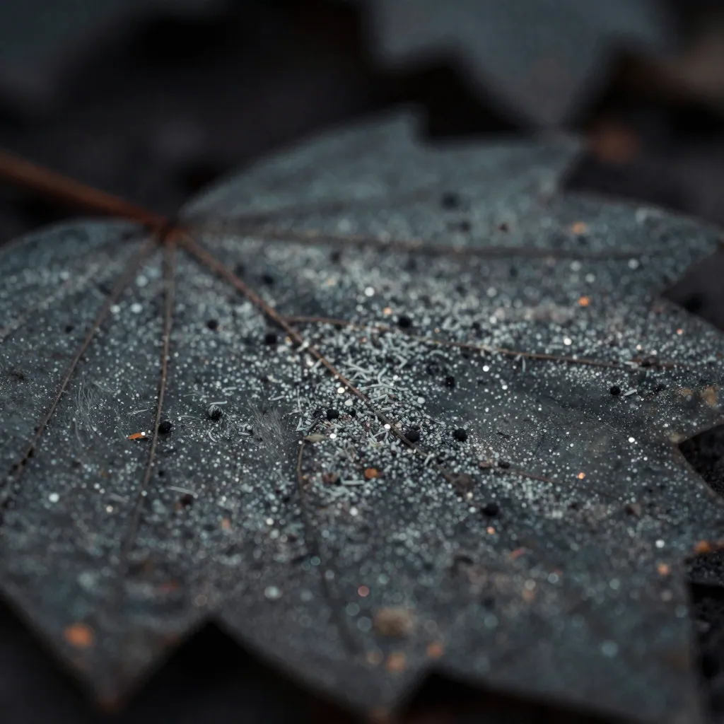 Macro of fine grey dust particles on a dark leaf, backlit and sharply detailed.