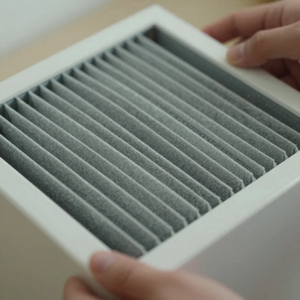 Hands slide a dusty pleated filter from an air purifier housing.