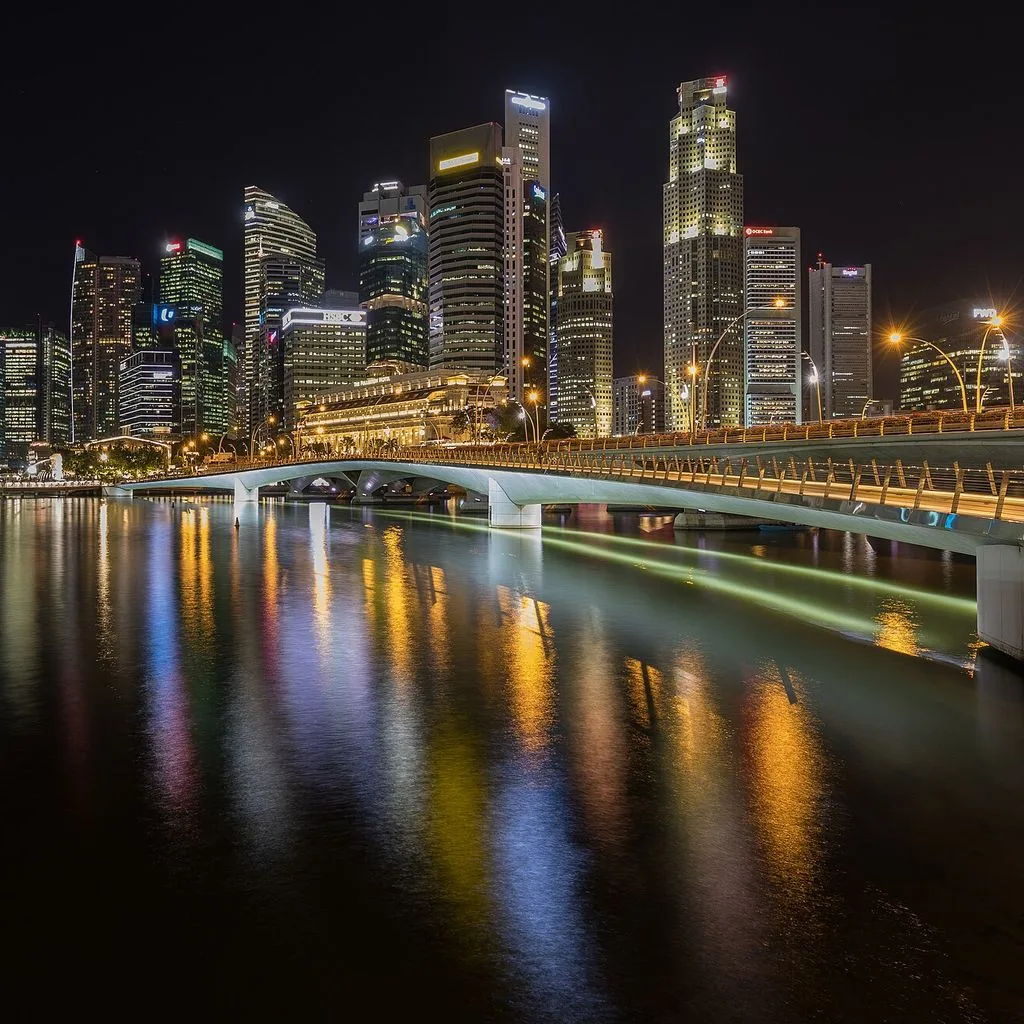 Skyline of the Central Business District of Singapore with Esplanade Bridge