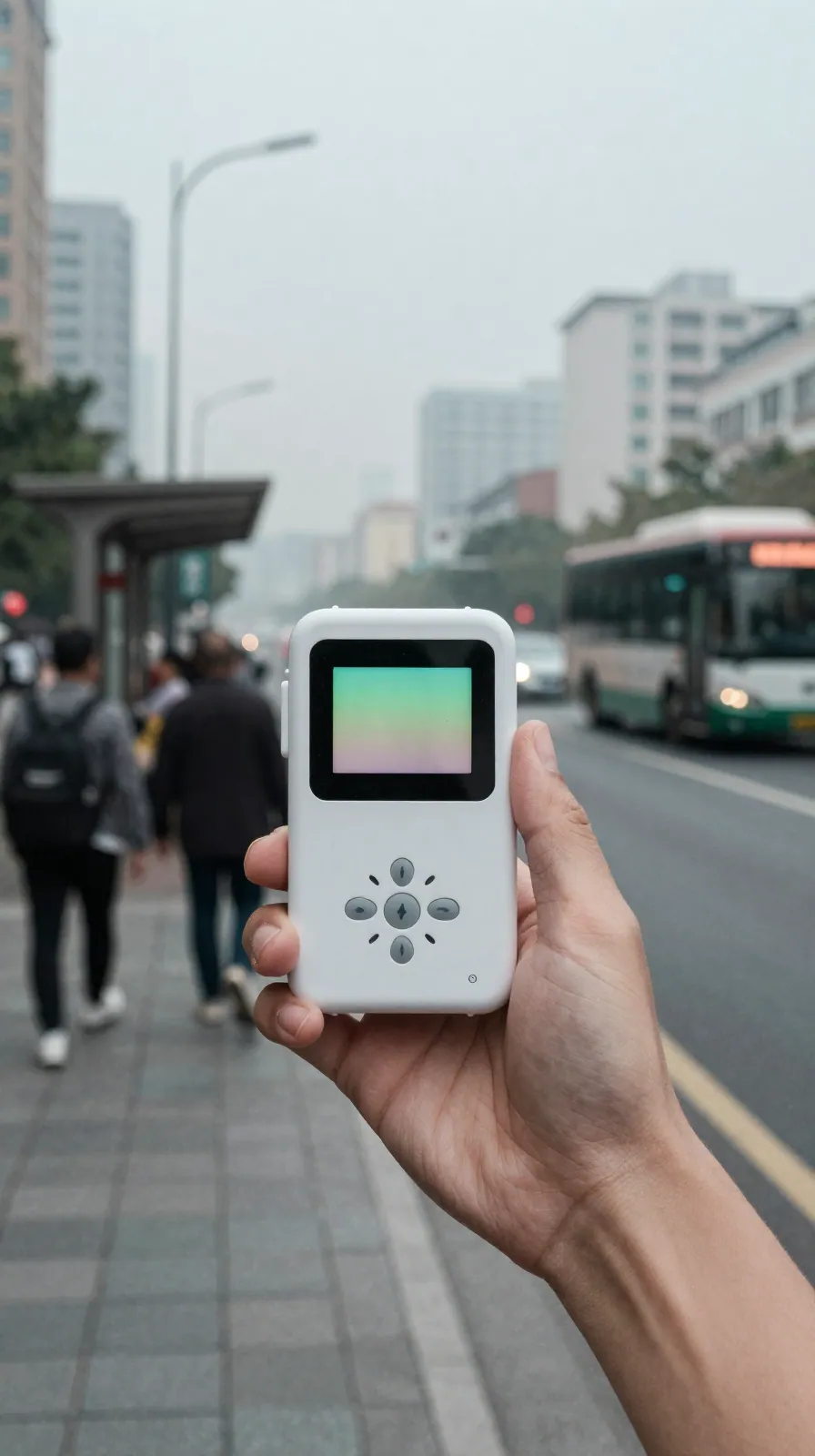 A hand raises an air monitor toward a hazy sky on a grey city street.