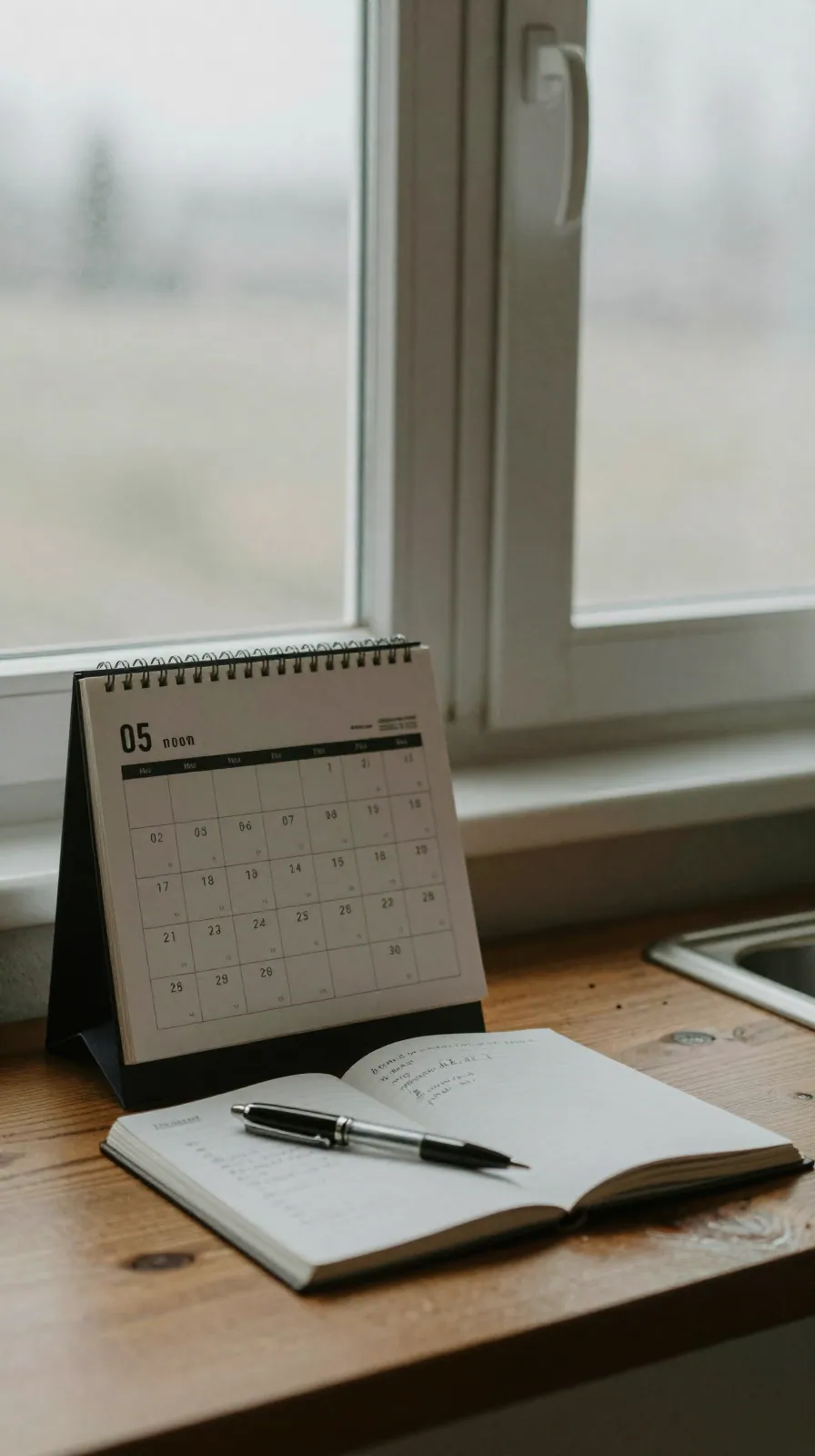 A calendar and notebook with a pen on a kitchen table beside a hazy window.