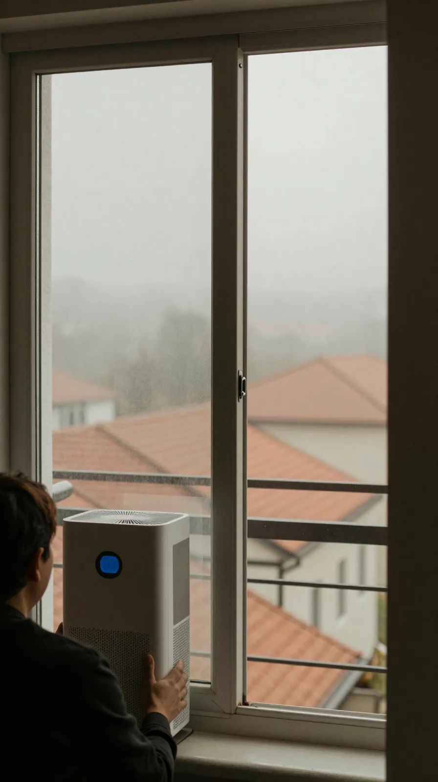 From behind, a person closes a window against grey haze while an air purifier runs.