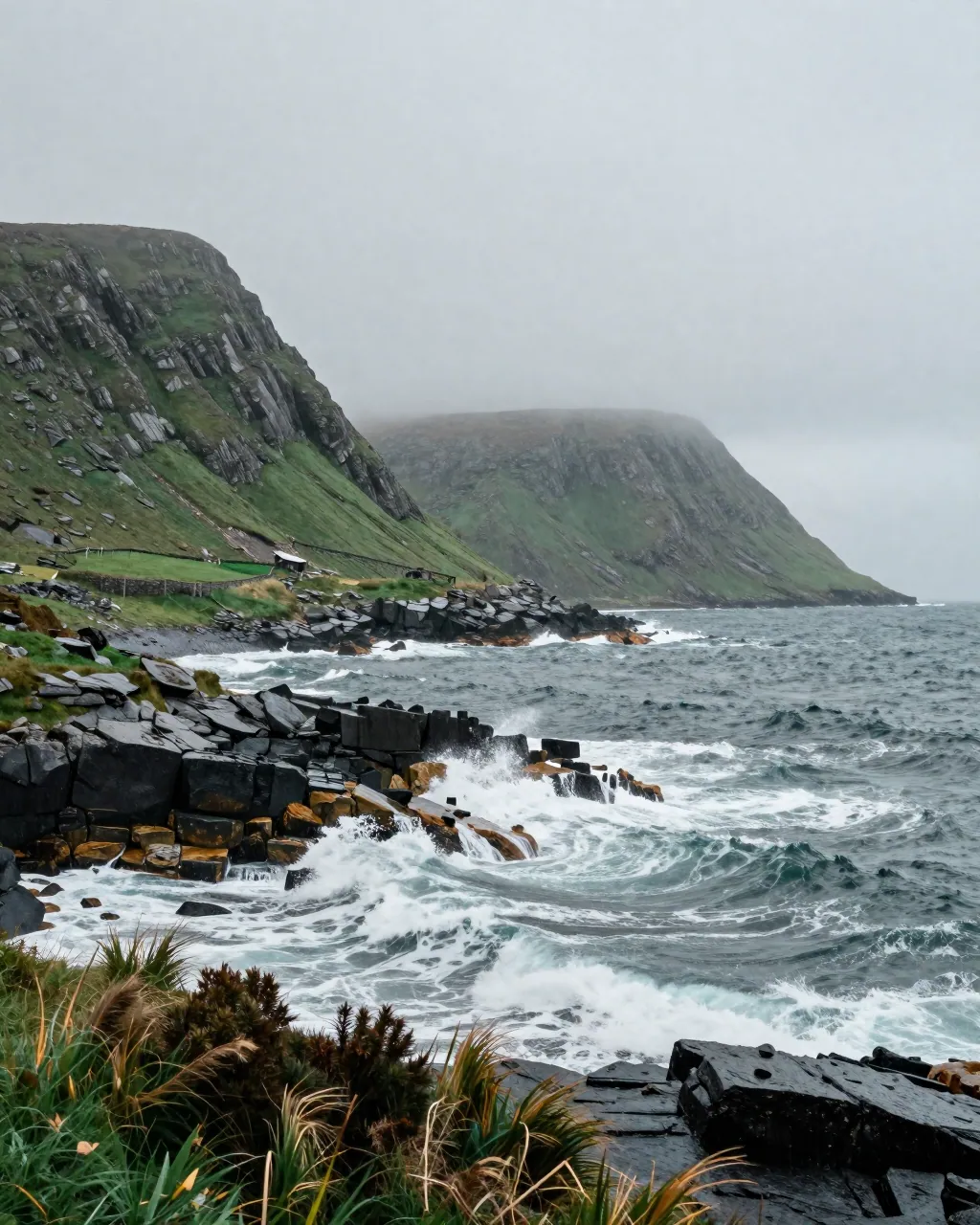 Rain bands sweeping from the Atlantic onto misty green mountains along Ireland's west coast.