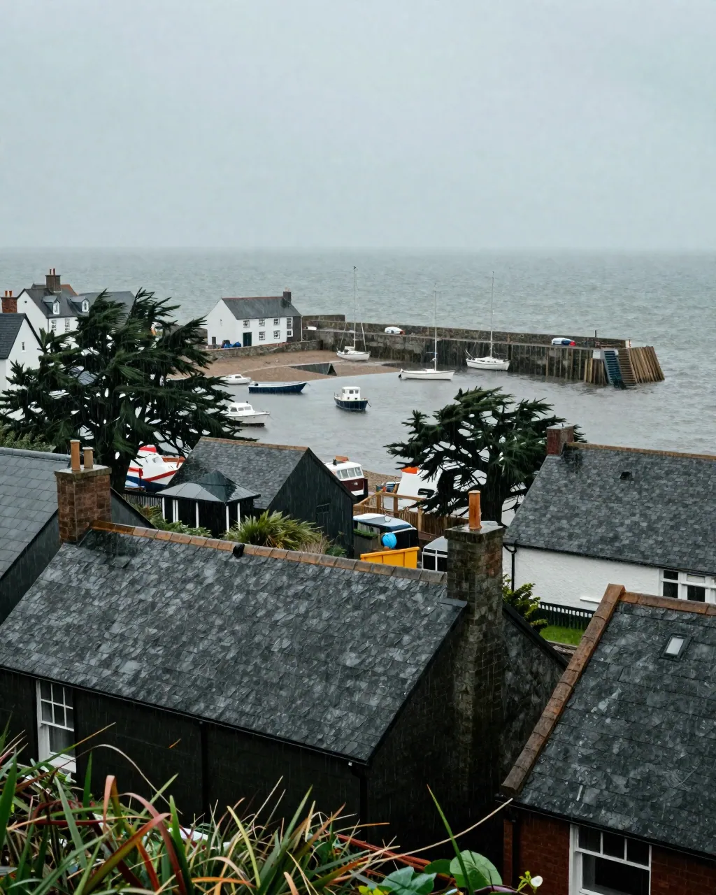 Rain-soaked coastal town seen from a hillside, boats moored in a grey harbour.