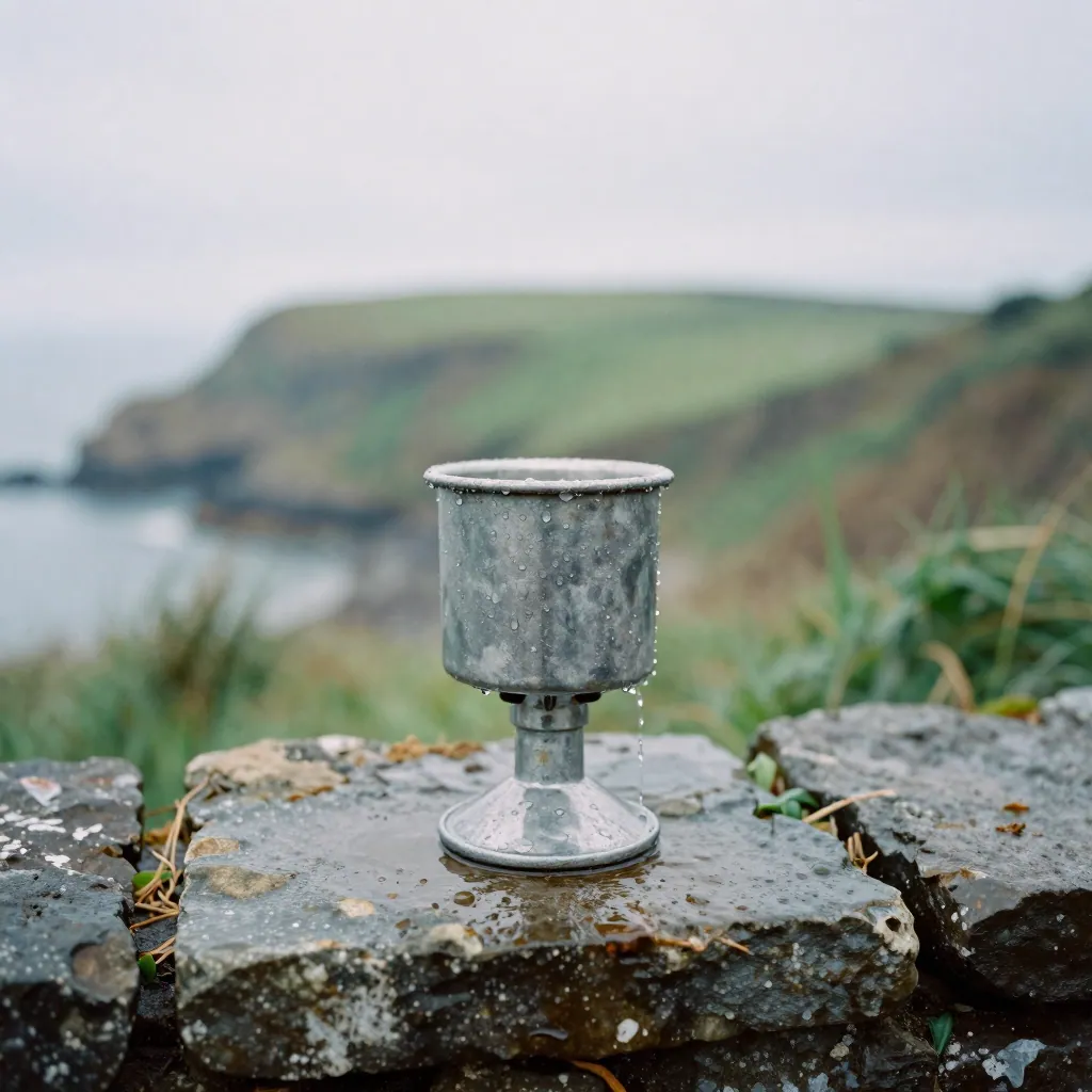 Close-up of a rain gauge on a wet stone wall with misty green hills behind.