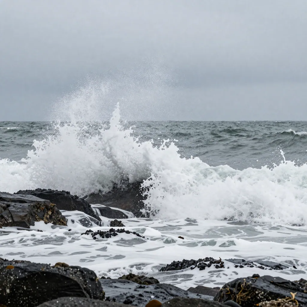 Large wave breaking into spray over dark rocks on an exposed Atlantic shore.