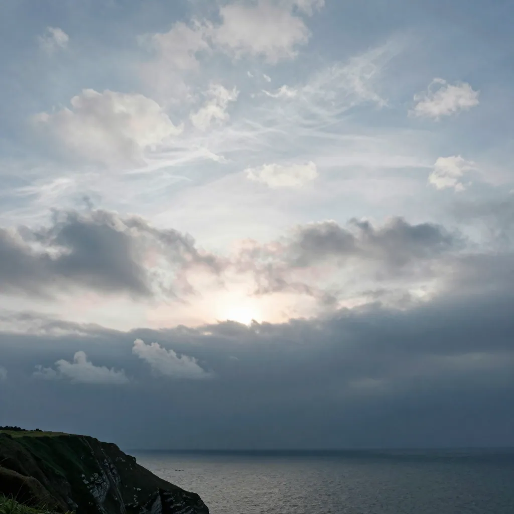 Layered high cloud with a faint halo above a dark sea and cliff edge.